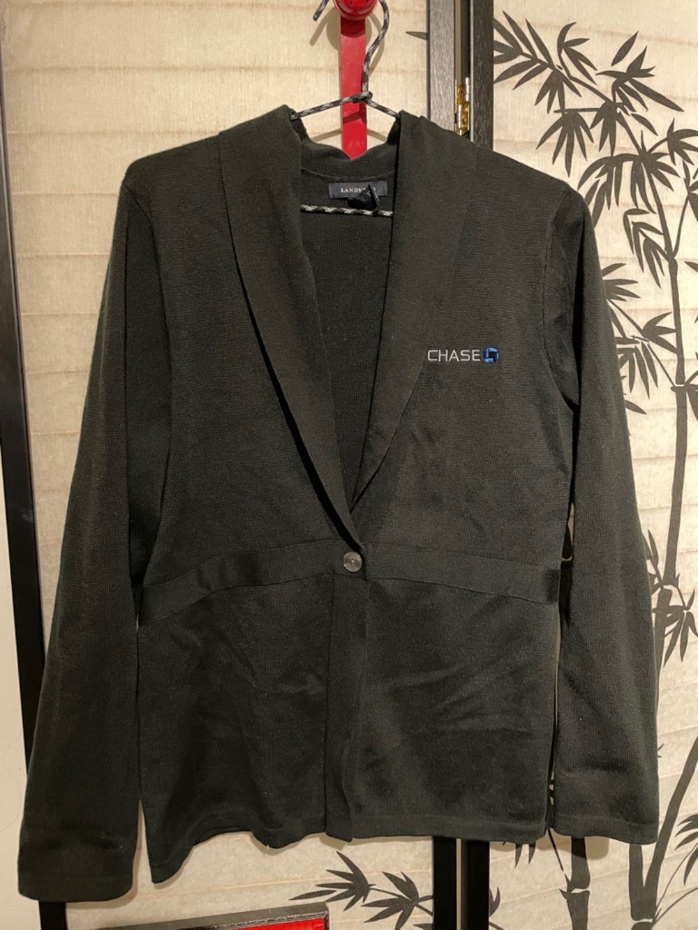 Chase Bank black one button cardigan